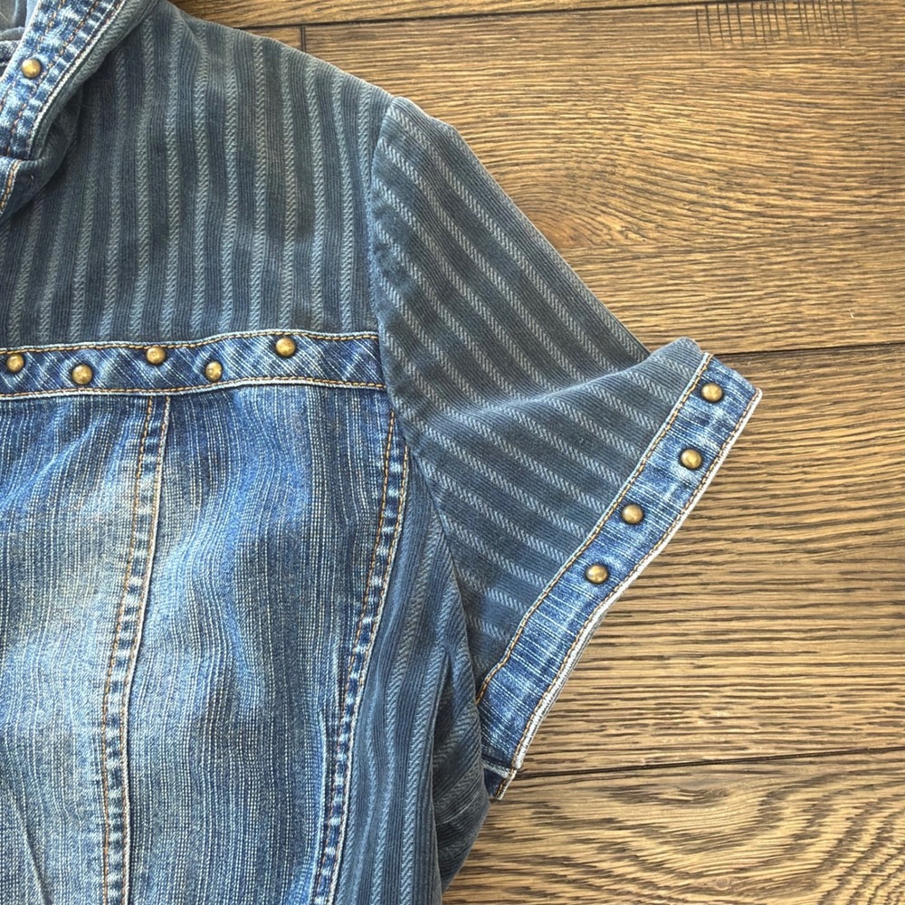 Shufa Blue Denim Striped Corduroy Studded Hooded Short Sleeve Jacket Size 42 - Picture 10 of 16